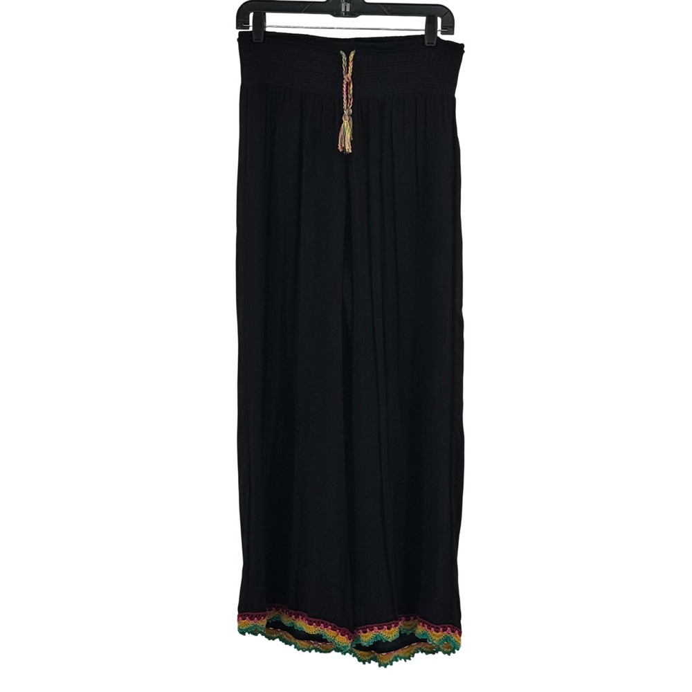 Indigo Rein Womens Black Wide‎ Leg Smocked Waist Crochet Hem Sz L Boho Pants